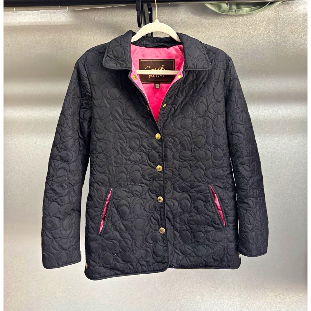 Coach Womens XS Black Quilted Jacket Pink Lined Signature Logo Snap Button Short